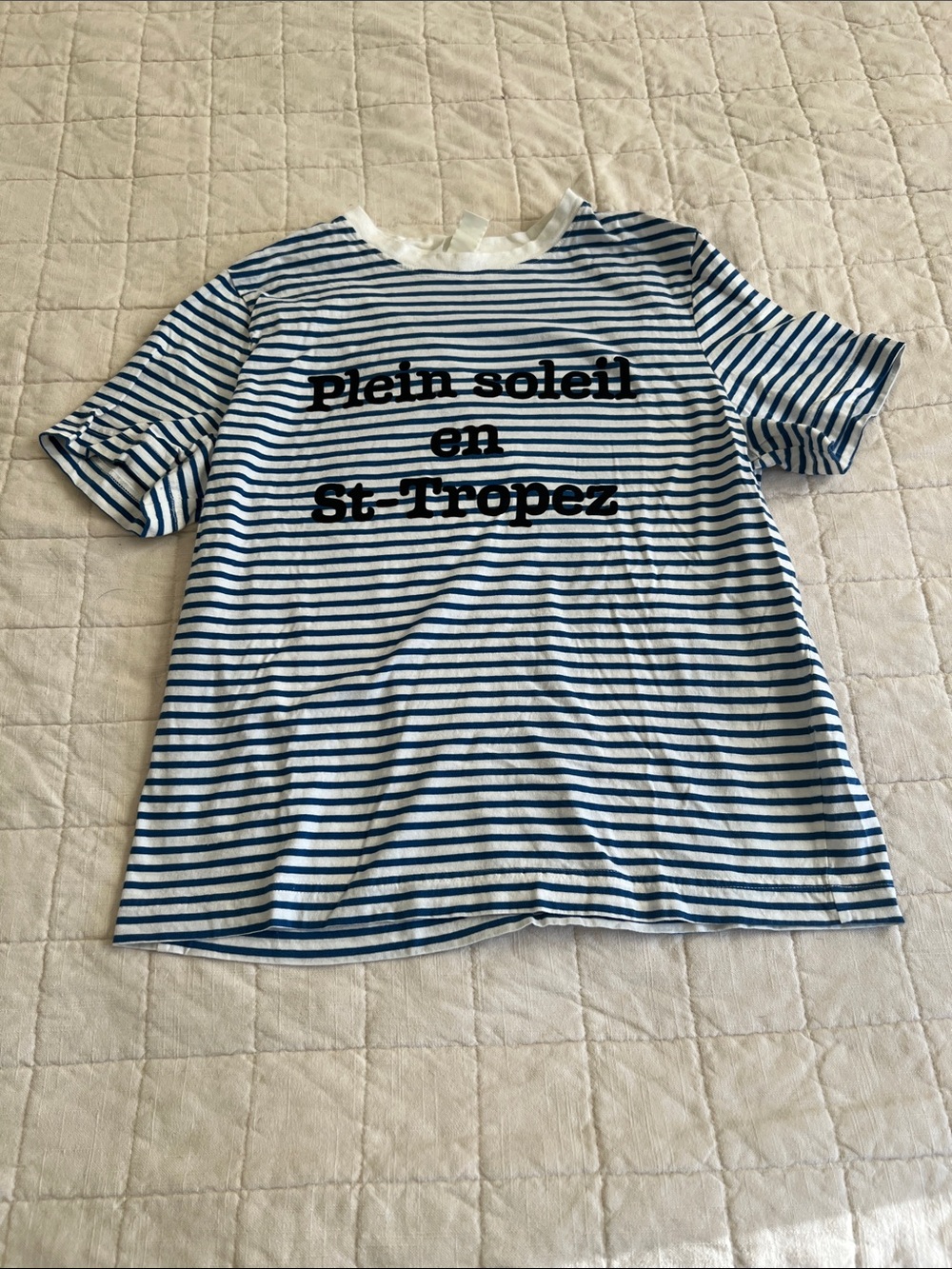 H&M Striped Blue & White T-Shirt with 'Plein soleil en St. Tropez'